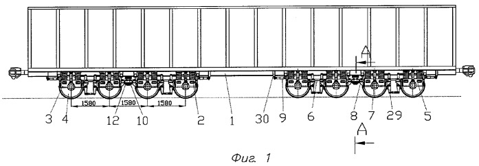 Восьмиосное железнодорожное транспортное средство с четырехосными безрамными тележками (варианты) (патент 2287445)