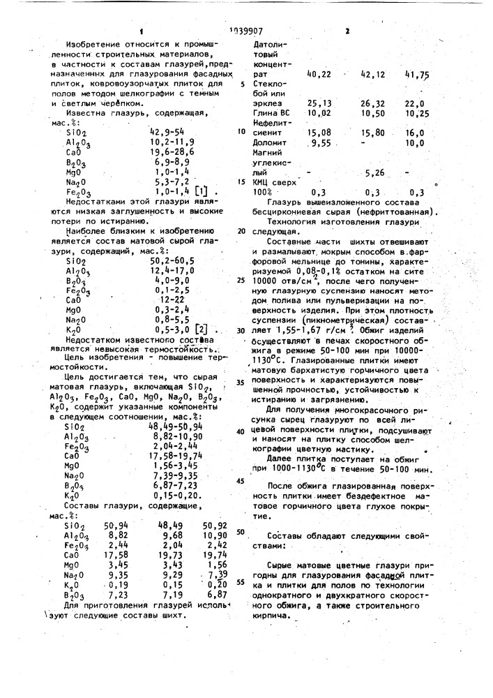 Матовая сырая глазурь (патент 1039907)