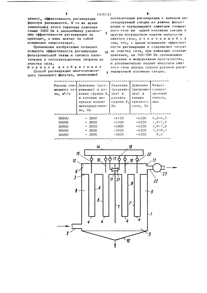 Способ регенерации многосекционного тканевого фильтра (патент 1519757)