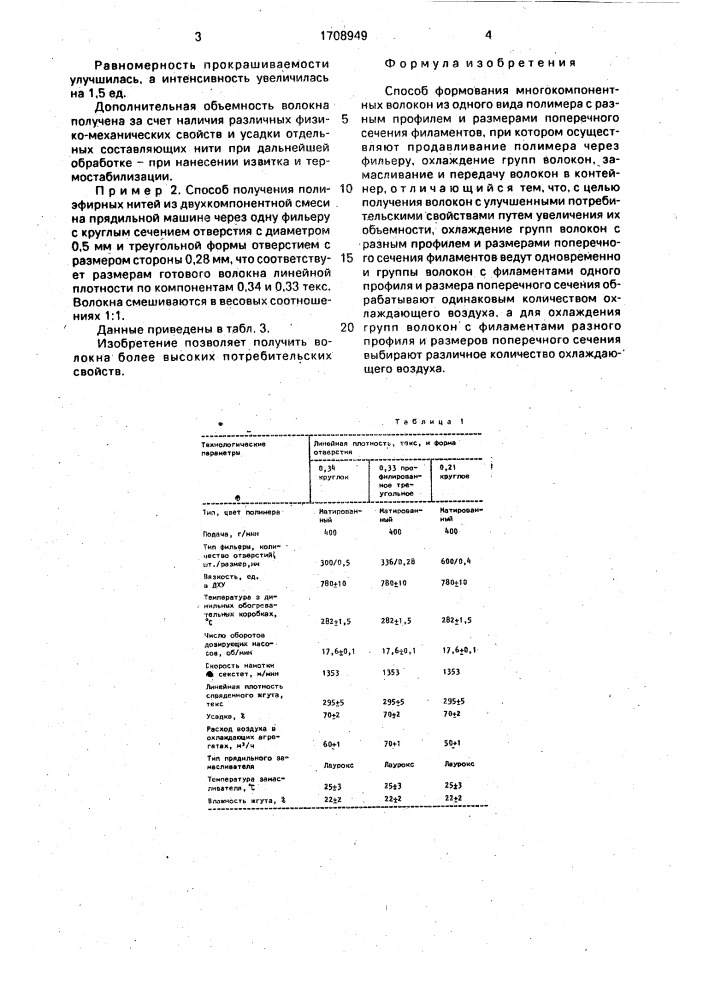 Способ формования многокомпонентных волокон из одного вида полимера с разным профилем и размерами поперечного сечения филаментов (патент 1708949)