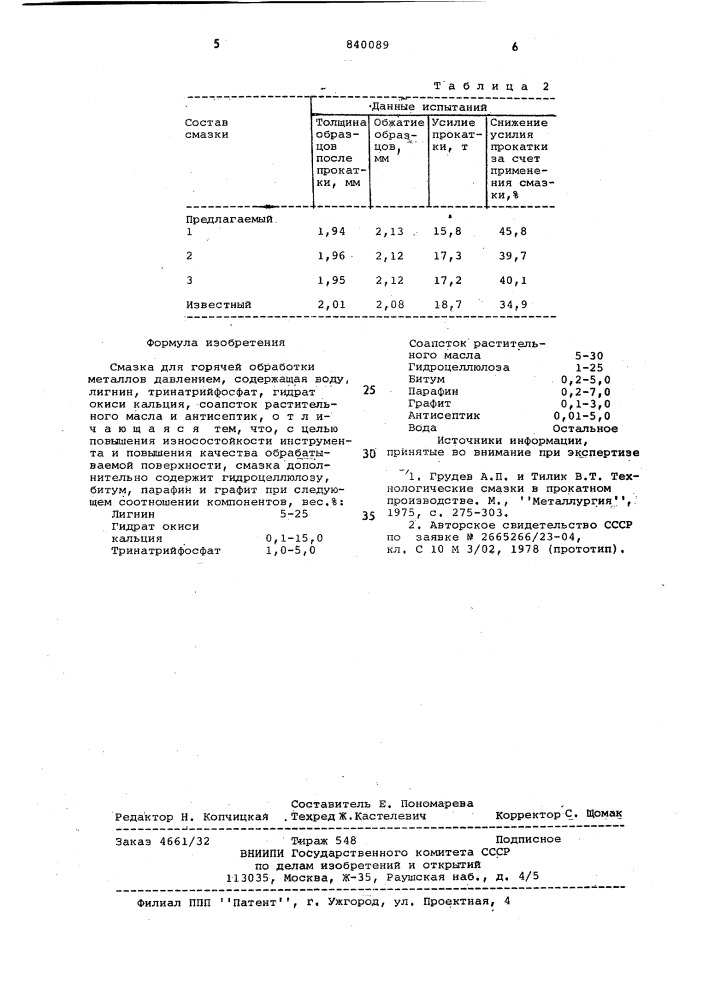 Смазка для горячей обработки металловдавлением (патент 840089)