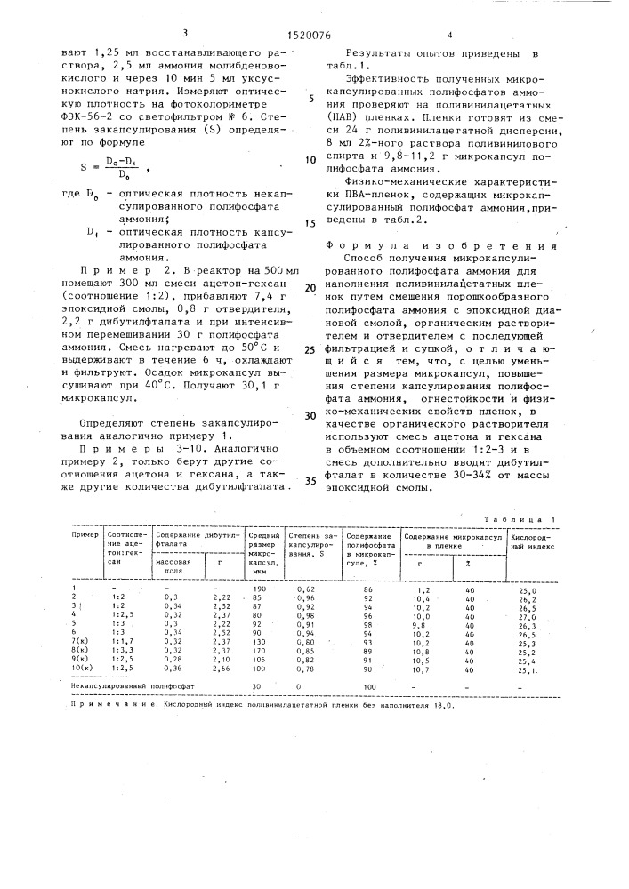 Способ получения микрокапсулированного полифосфата аммония для наполнения поливинилацетатных пленок (патент 1520076)