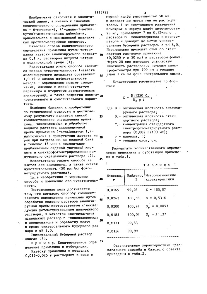 Способ количественного определения примахина (патент 1113722)