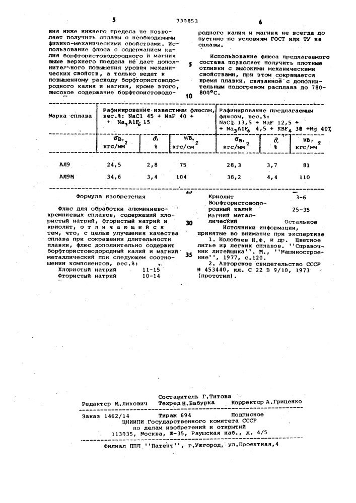 Флюс для обработки алюминиевокремниевых сплавов (патент 730853)