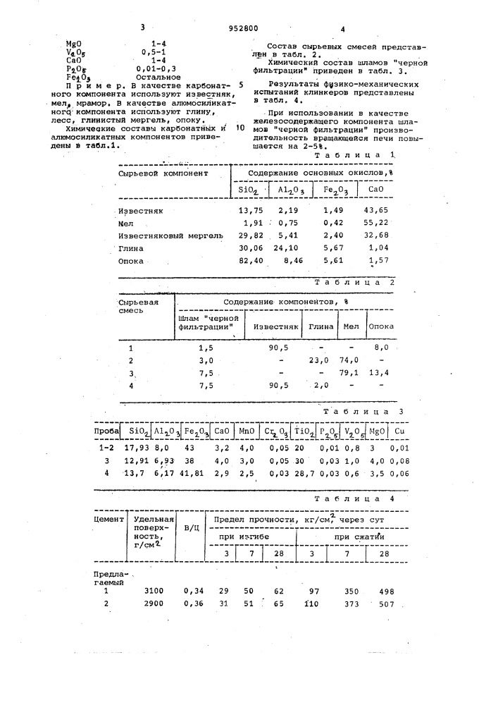 Сырьевая смесь для получения портландцементного клинкера (патент 952800)