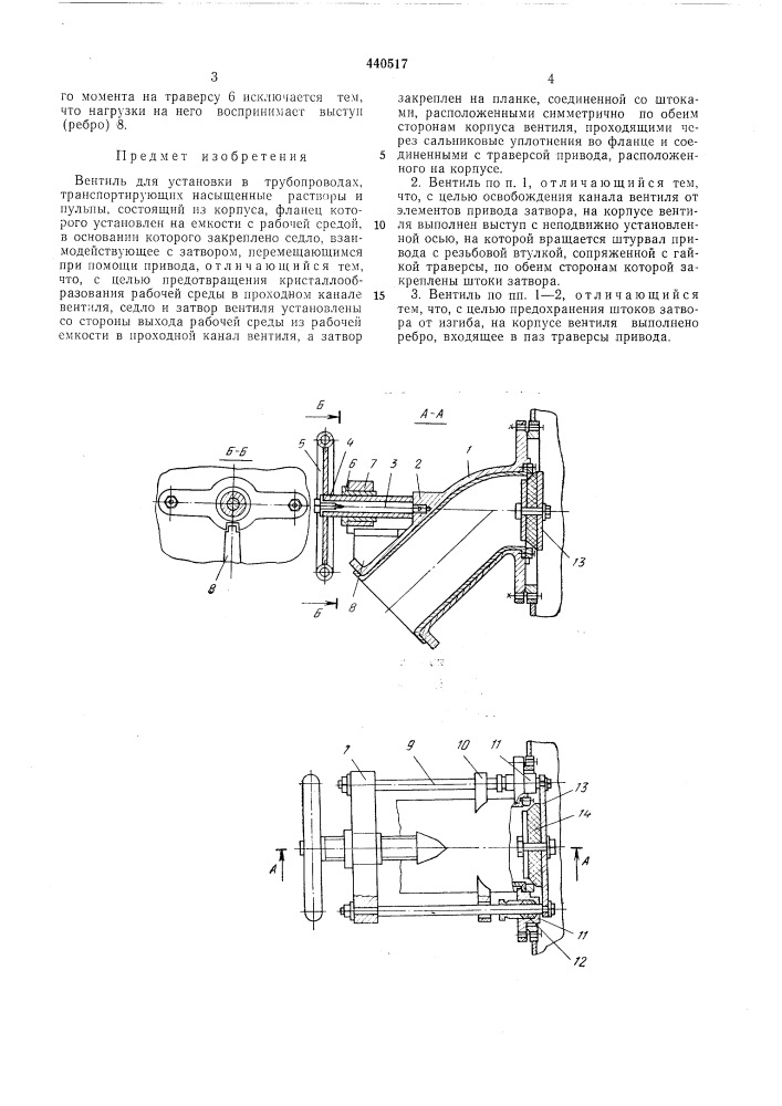 Вентиль для установки в трубопроводах, транспортирующих насыщенные растворы и пульпы (патент 440517)