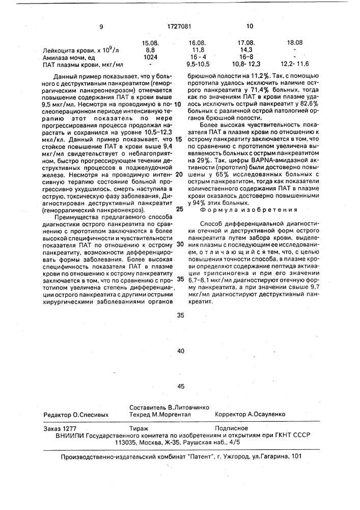 Способ дифференциальной диагностики отечной и деструктивной форм острого панкреатита (патент 1727081)