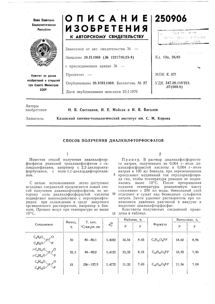 Способ получения диалкилфторфосфатов (патент 250906)