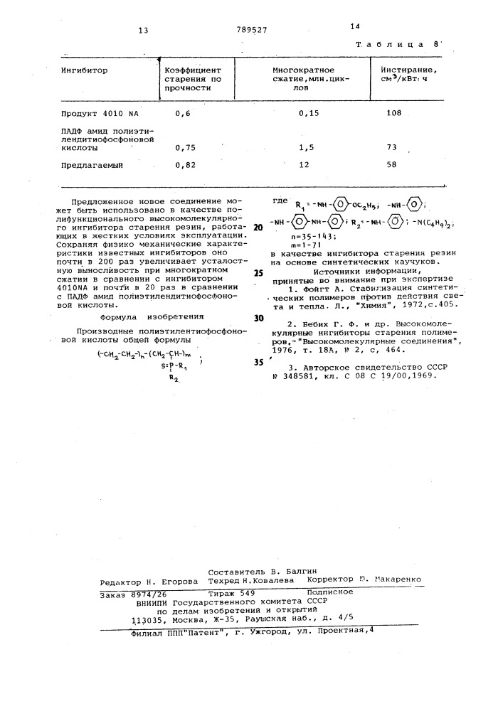 Производные полиэтилентиофосфоновой кислоты в качестве ингибитора старения резин на основе синтетических каучукав (патент 789527)