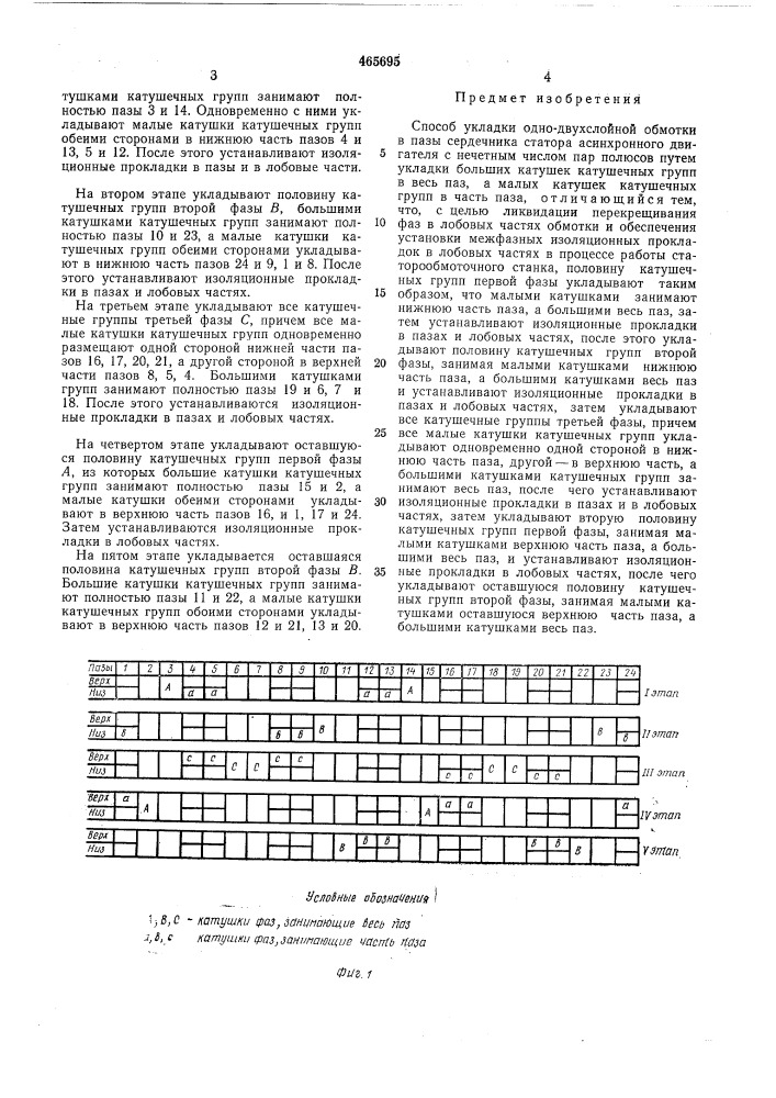 Способ укладки одно-двухслойной обмотки в пазы сердечника статора асинхронного двигателя с нечетным числом пар полюсов (патент 465695)