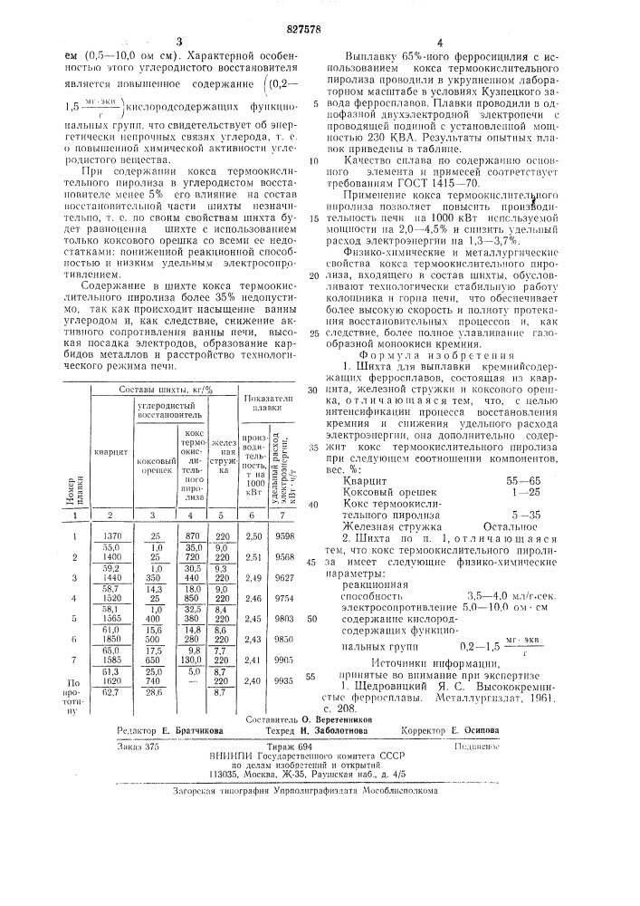 Шихта для выплавки кремнийсодержащихферросплавов (патент 827578)