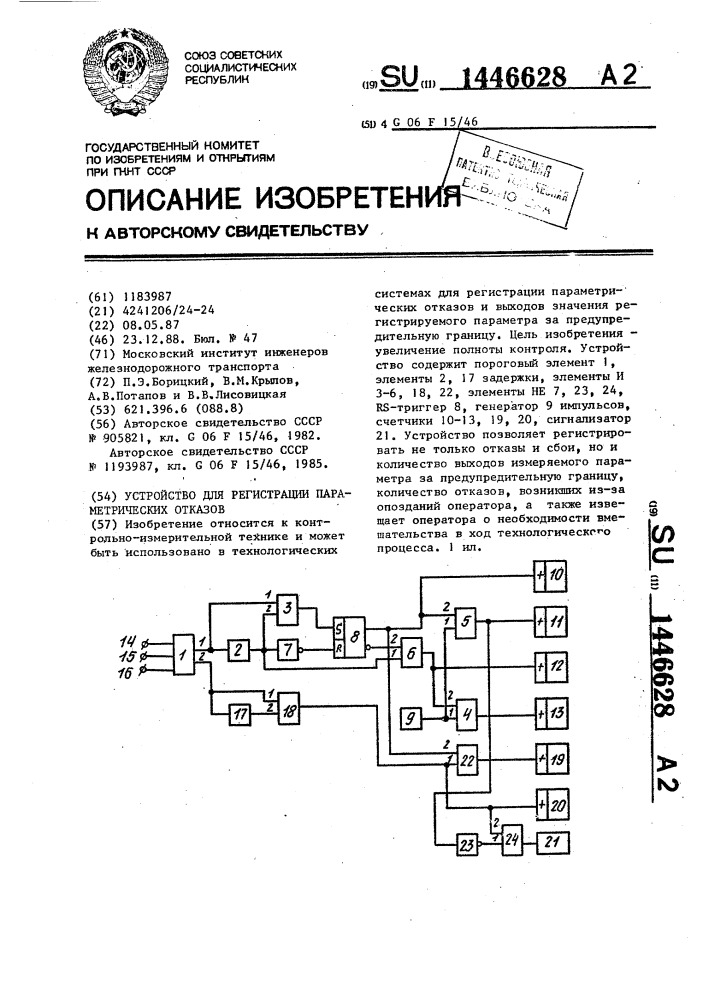 Устройство для регистрации параметрических отказов (патент 1446628)