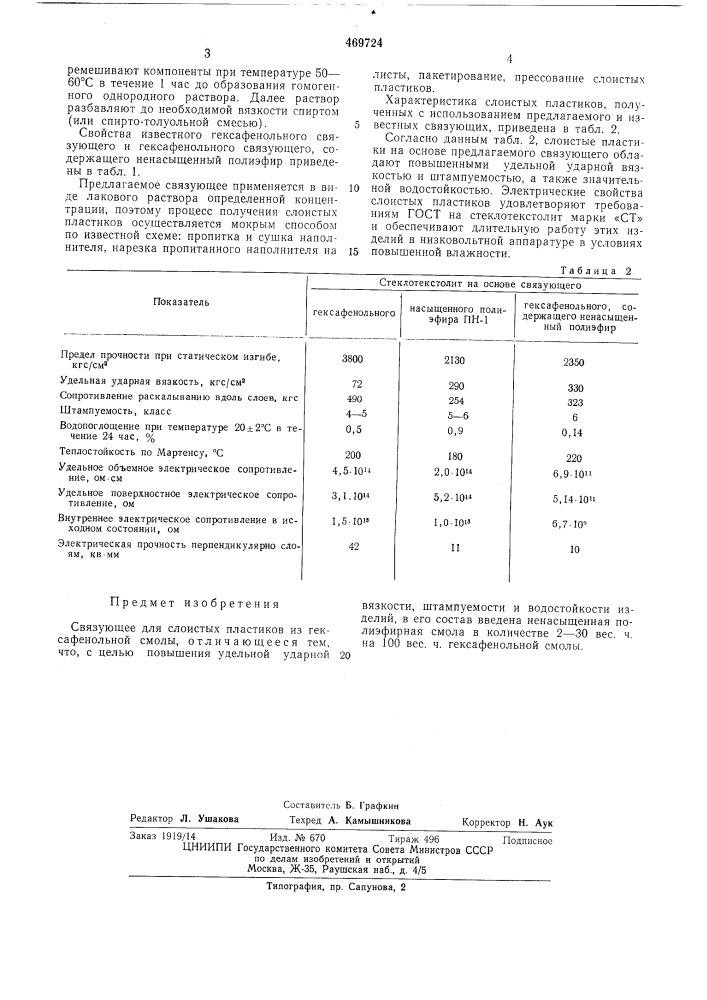 Связующее для слоистых пластиков (патент 469724)