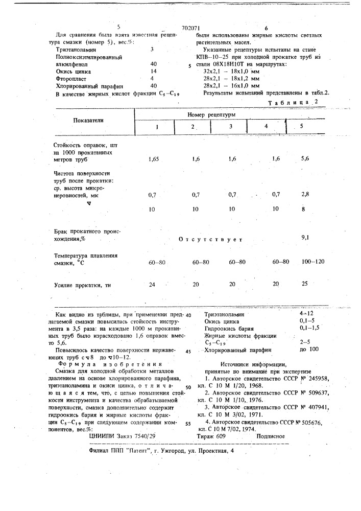 Смазка для холодной обработки металлов давлением (патент 702071)