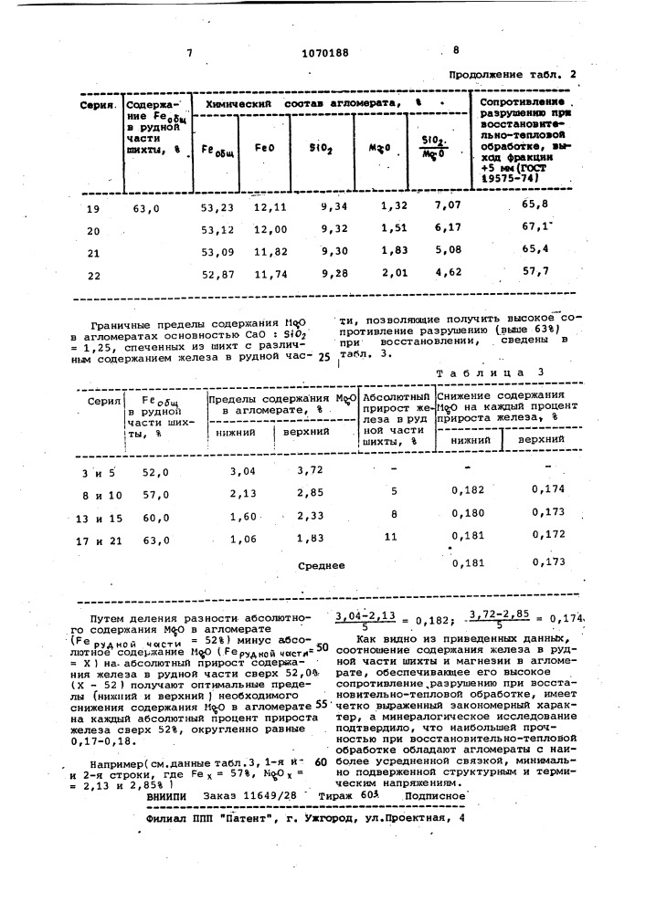 Способ производства магнезиального агломерата (патент 1070188)