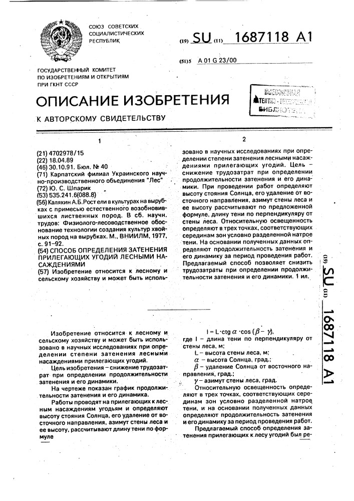 Способ определения затенения прилегающих угодий лесными насаждениями (патент 1687118)