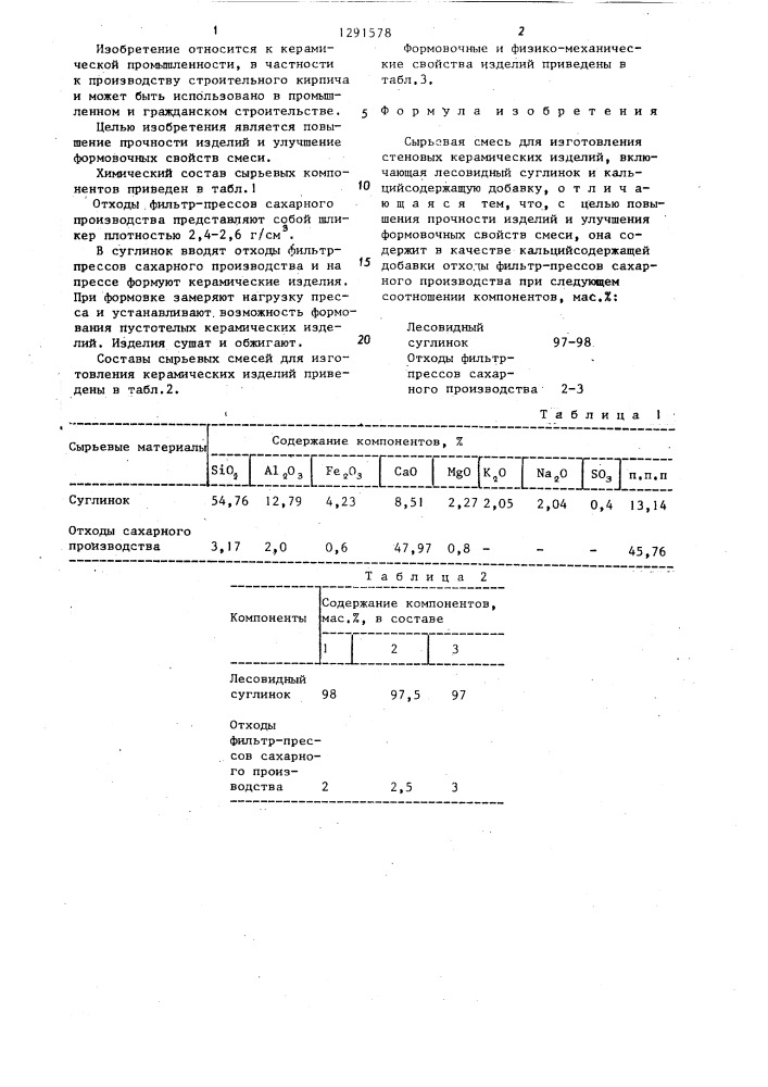 Сырьевая смесь для изготовления стеновых керамических изделий (патент 1291578)