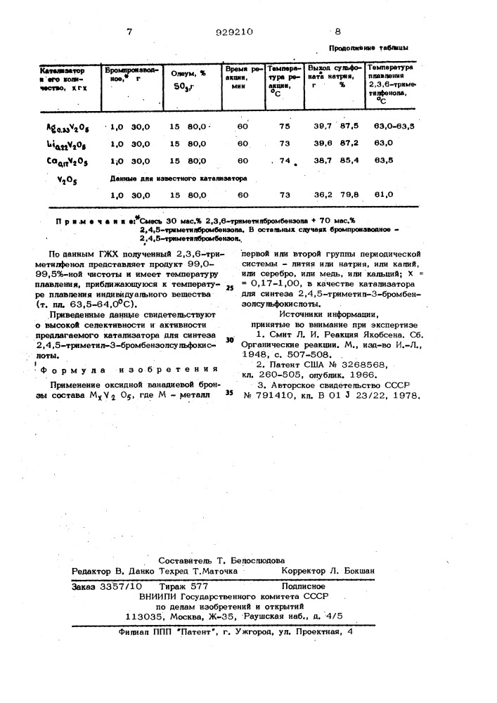 Катализатор для синтеза 2,4,5-триметил-3-3- бромбензолсульфокислоты (патент 929210)