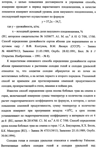 Способ прогнозирования семенной продуктивности солодки голой и солодки уральской сухостепного, лиманного и пойменного экотипов (патент 2360403)