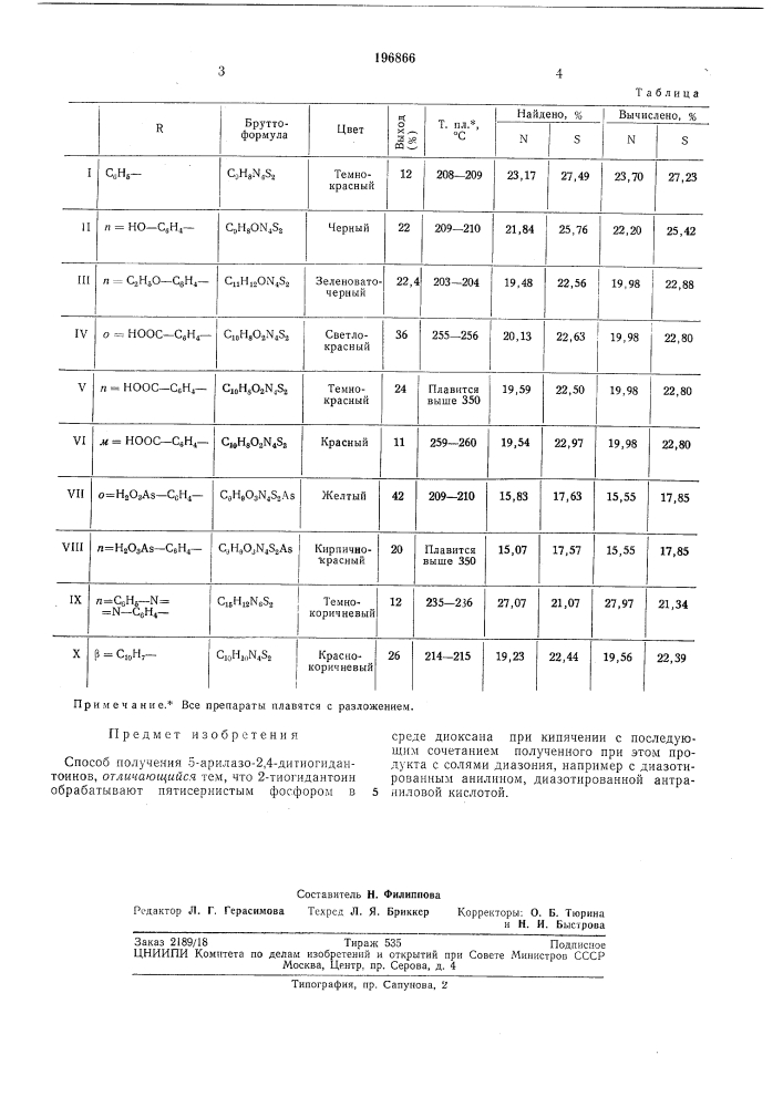 Способ получения 5-арилазо-2,4-дитиогидантоинов (патент 196866)