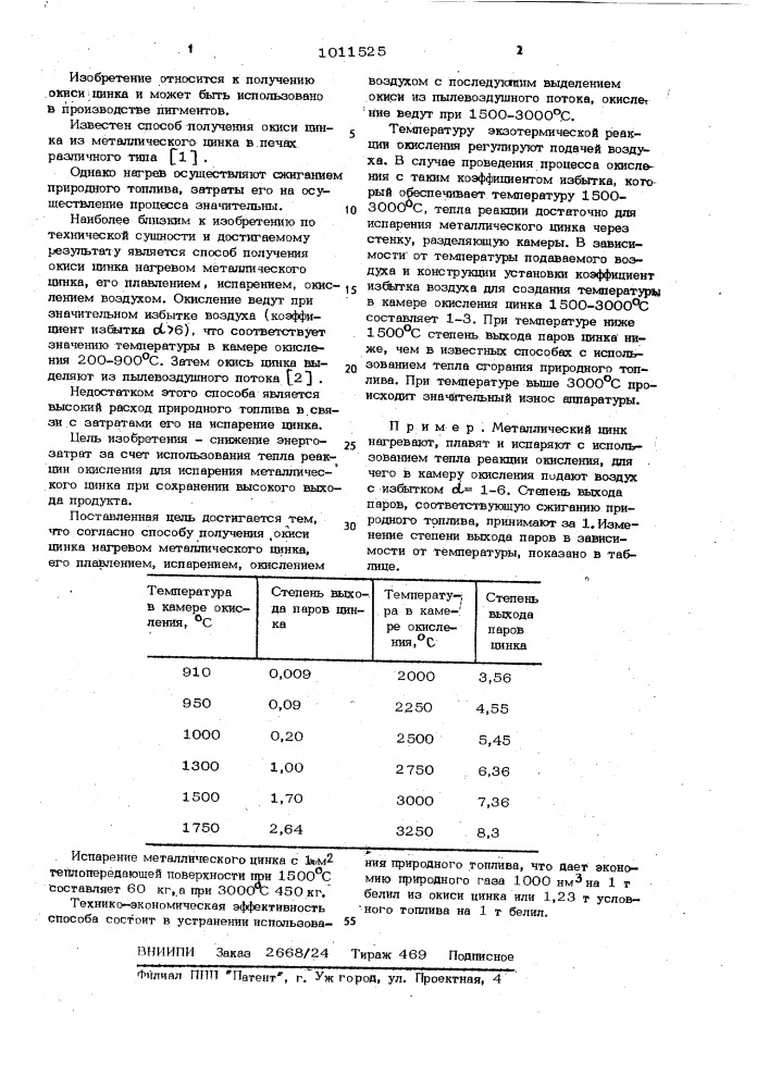 Способ получения окиси цинка (патент 1011525)