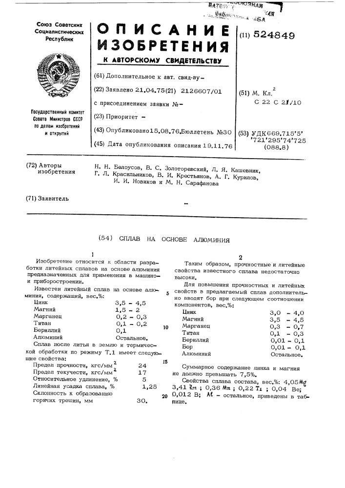 Сплав на основе алюминия (патент 524849)