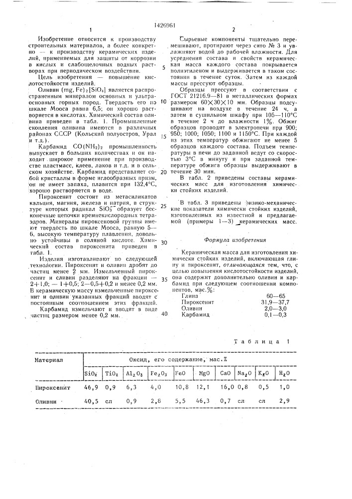 Керамическая масса для изготовления химически стойких изделий (патент 1426961)