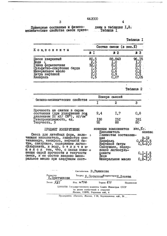 Смесь для литейных форм (патент 442000)