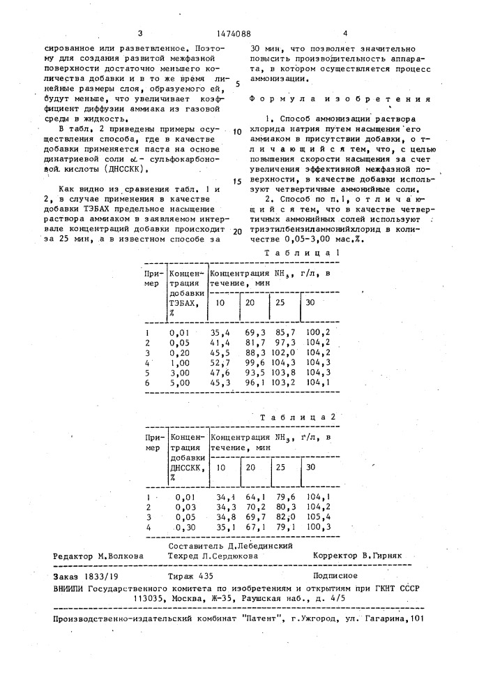 Способ аммонизации раствора хлорида натрия (патент 1474088)