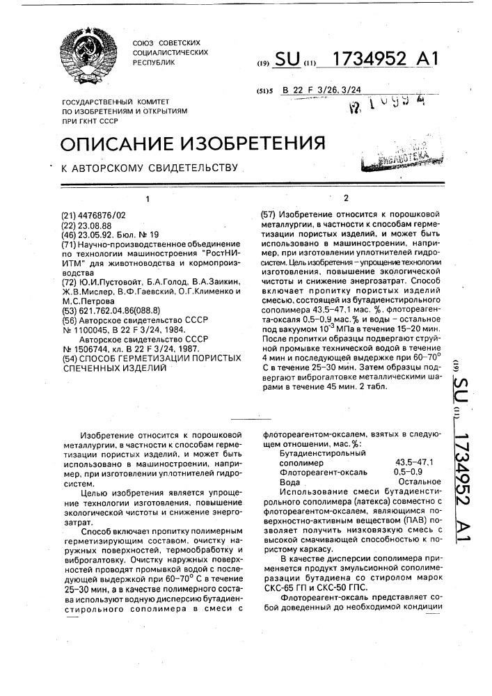 Способ герметизации пористых спеченных изделий (патент 1734952)