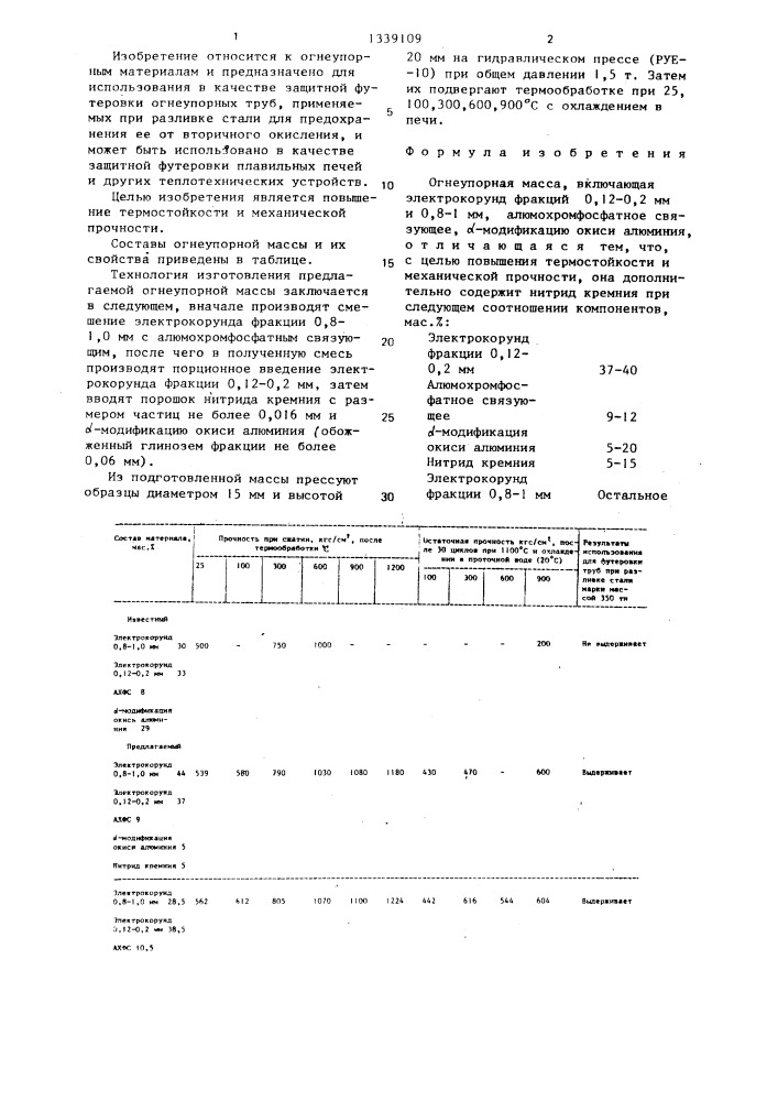 Огнеупорная масса (патент 1339109)