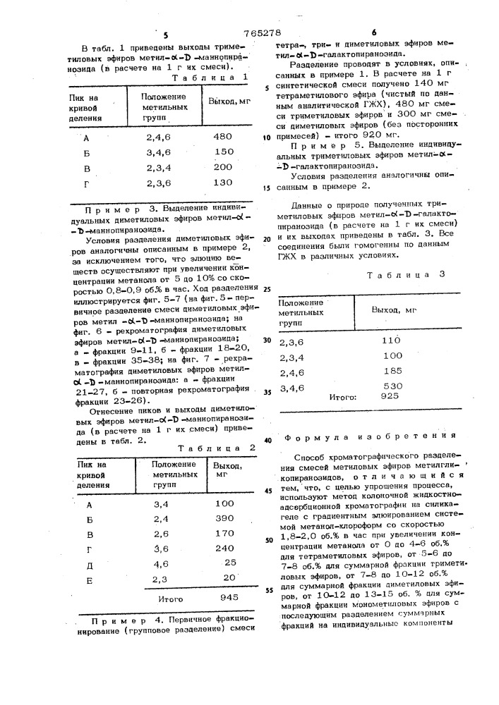 Способ хроматографического разделения смесей метиловых эфиров метилгликопиранозидов (патент 765278)