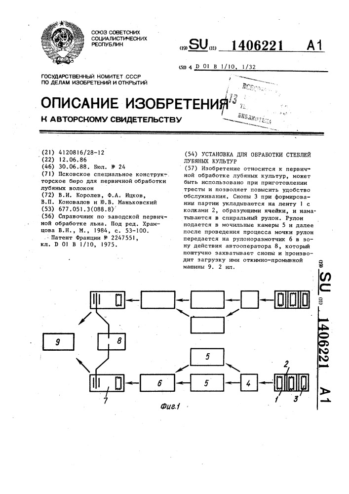 Установка для обработки стеблей лубяных культур (патент 1406221)