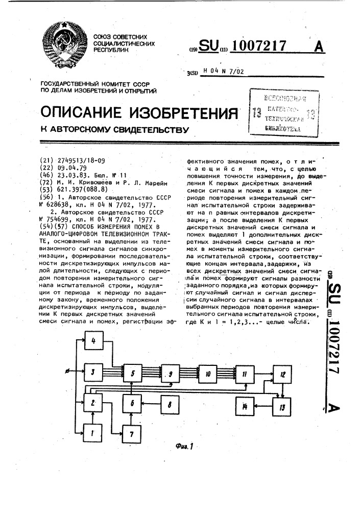 Способ измерения помех в аналого-цифровом телевизионном тракте (патент 1007217)