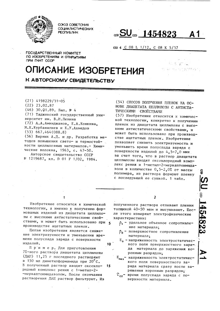 Способ получения пленок на основе диацетата целлюлозы с антистатическими свойствами (патент 1454823)