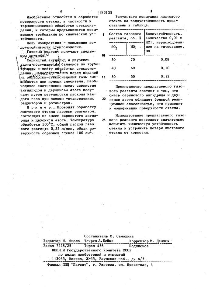 Газовый реагент для термохимической обработки стеклоизделий (патент 1193135)