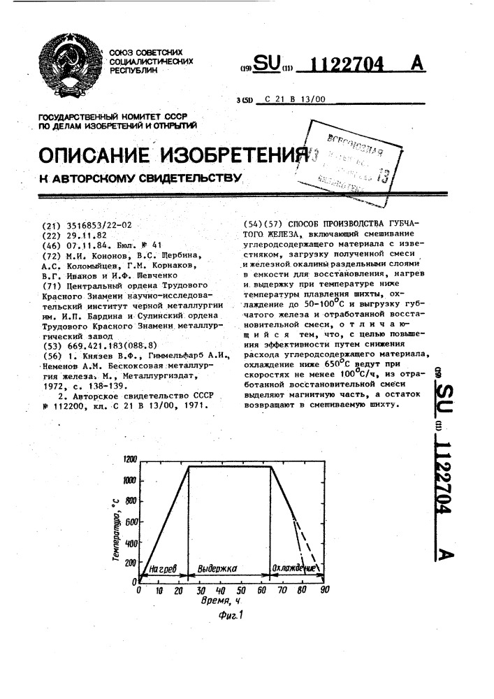 Способ производства губчатого железа (патент 1122704)