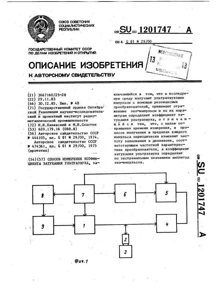 Способ измерения коэффициента затухания ультразвука (патент 1201747)