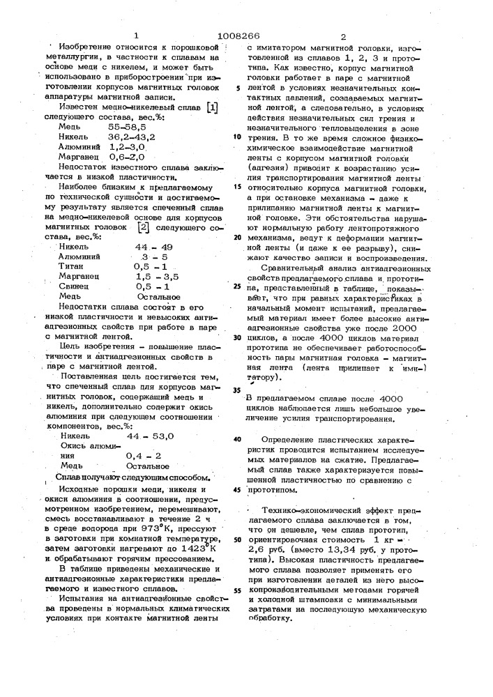 Спеченный сплав для корпусов магнитных головок (патент 1008266)