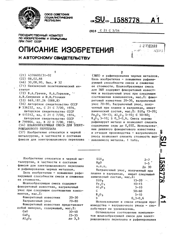 Шлакообразующая смесь для электрошлакового переплава (патент 1588778)