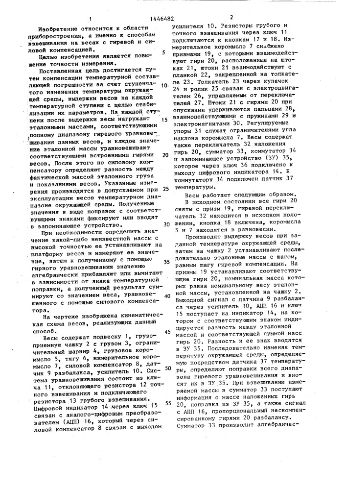 Способ компенсации температурной погрешности весов с гирной и силовой компенсацией (патент 1446482)
