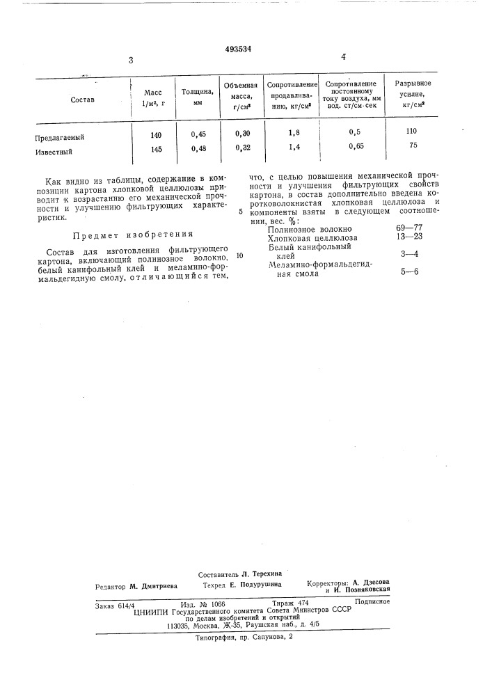 Состав для изготовления фильтрующего картона (патент 493534)