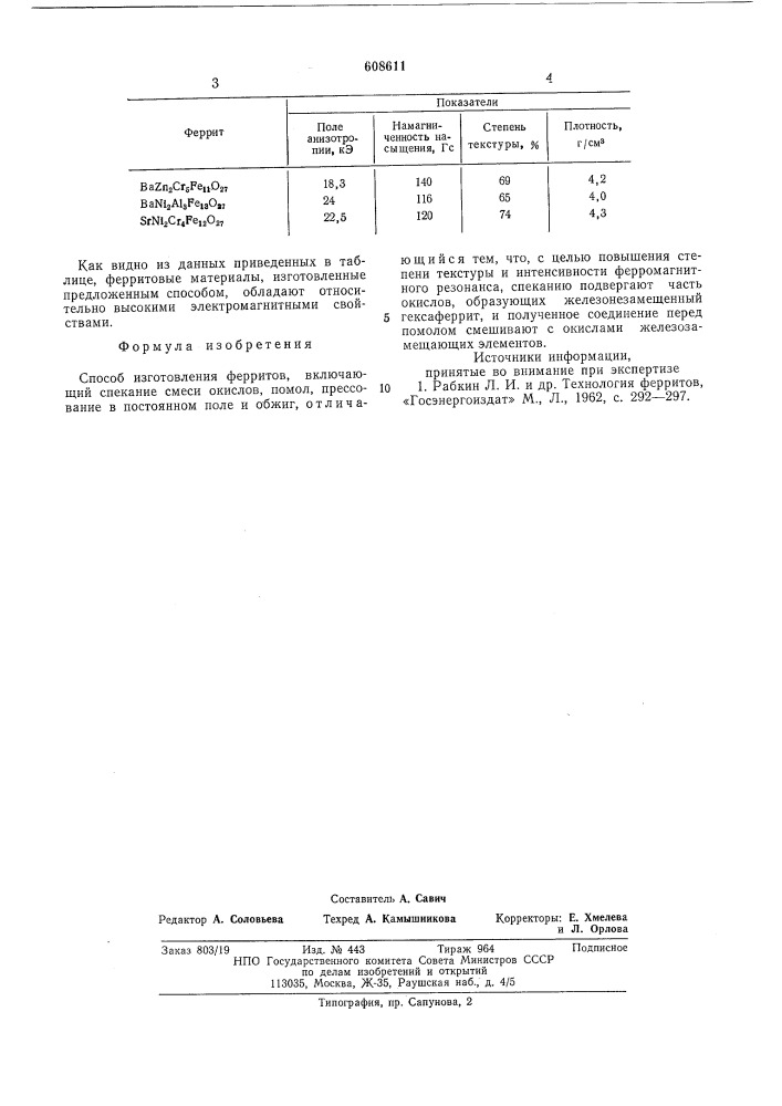 Способ изготовления ферритов (патент 608611)