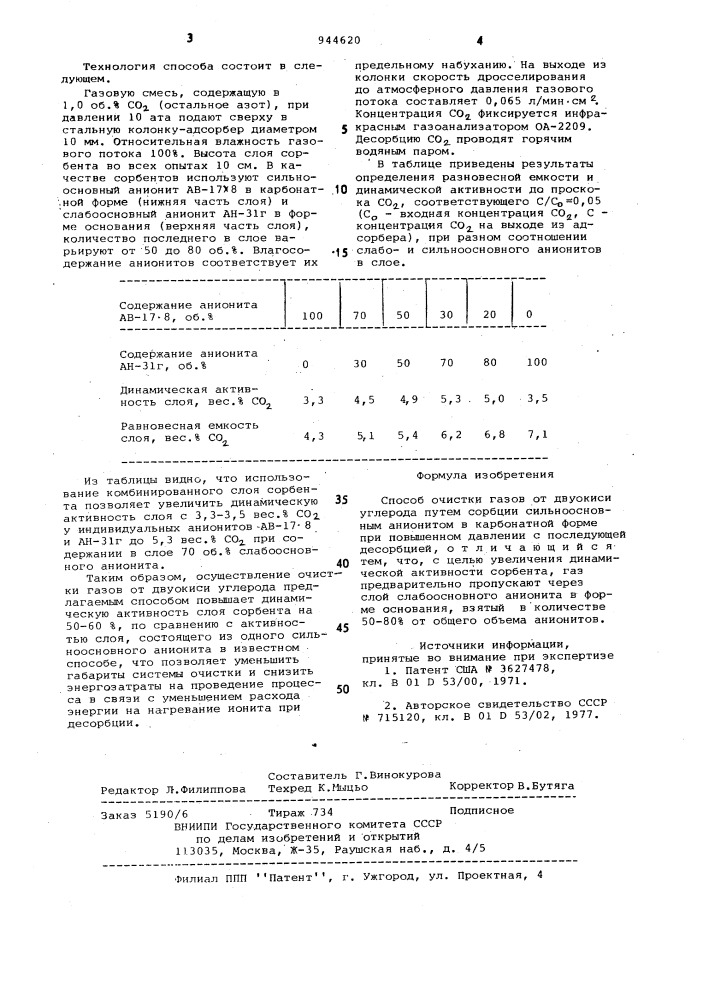 Способ очистки газов от двуокиси углерода (патент 944620)