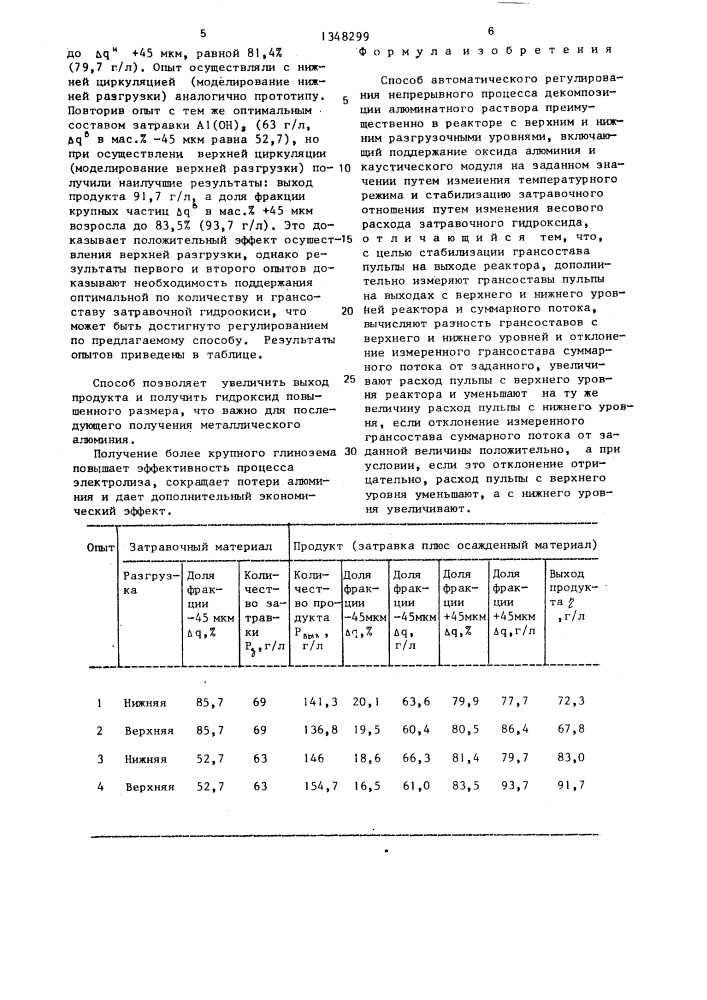 Способ автоматического регулирования непрерывного процесса декомпозиции алюминатного раствора (патент 1348299)