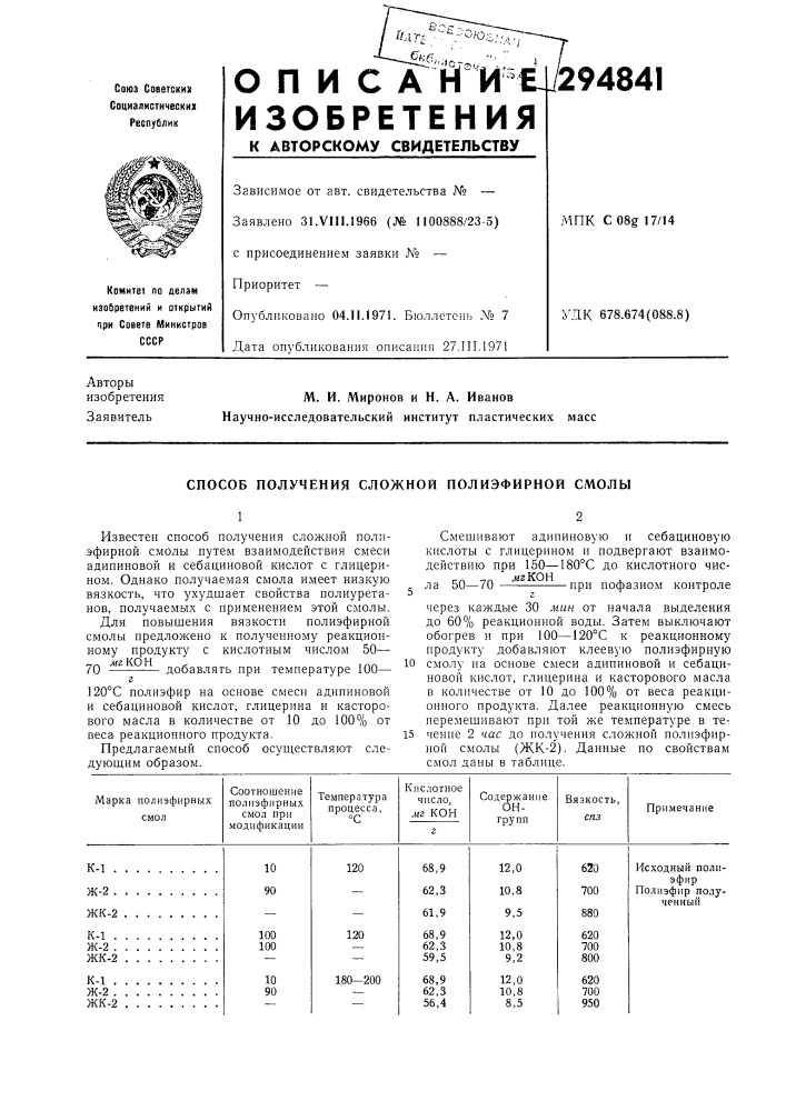 Способ получения сложной полиэфирной смолы (патент 294841)