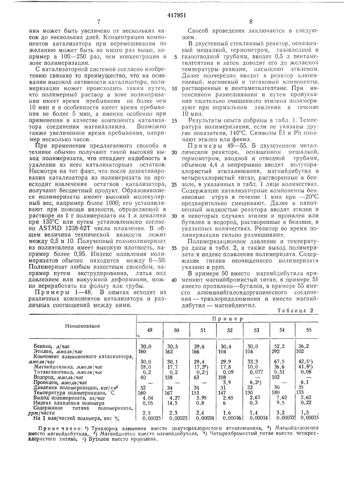 Способ получения алкиленовых полимеровiизобретение относится к производству алкиленовых полимеров полимеризацией или сополимеризацией альфа-алкиленов по методу низкого давления на катализаторах циглеровского тина.'5известен способ получения алкиленовых полимеров растворной полимеризацией по крайней мере одного альфа- алкилена в жидком диспергаторе при температуре 120—260&deg; с и давлении 1^-200 атм в присутствии в качестве ю катализатора нродукта реакции галогенидов титана и алюминийорганических соединений, причем соотношение между обоими компонентами катализатора выбирают между 0,4 ; 1 и 1, 4: 1. при выборе другой величины соотио- 15 шения скорость полимеризации быстро уменьшается, степень полимеризации плохо регулируется и полимеризат получают с нежелательными текучими свойствами.согласно предлагаемому изобретению уста- 20 новлено, что нри полимеризации алкиленов в жидком диснергаторе при повышенной температуре и применении катализатора, полученного смешением компонентов в определенном соотношении, получают полимеризат, содер- 25 жаший малое количество остатка катализатора, который можно не удалять.катализатор, применяемый в предлагаемом способе, очень активный. полученный полимеризат обладает хорошим текучим свойством 30 и годится для многих рабочих целей.используемый катализатор состоит из галогенида титана соединения обшей формулыа1кз-,„х,„,в которой r — углеводородный радикал gi—сзо;x — атом галогена;т — число от 1 до 3 (включительно), и магнийорганического соединения, нричем молярное соотношенне между соединениями магния и алюминия соответствует формуле (т—а) : в, в которой т означает число атомов галогена на однн атом алюминия соединения алюминия, а — число между минус 0,75 и 0,97 и в — число между 2,2 и 2,7, далее молярное соотношенне между соединением алюминия и титана выбирают между 8 и 2000. в качестве соединения алюминия с обшей формулой aira-mx,» можно применять тригалогенид алюминия, например трихлорид алюминия, или трибромид алюминия, или органоалюминиевый галогенид. можно также применять смеси соедннен11я алюминия. пригодные органоалюминиевые галогениды в среднем содержат на атом алюминия по меньшей мере один или, в крайнем случае, два атома галогена и по меньшей мере непосредственно с атомом углерода связанный у алюминия радикал углеводорода. радикал углеводорода может означать алкнл-, цнкло-алкил-, алка- рил-, арилили аралкнлгруппу. примерами (патент 417951)
