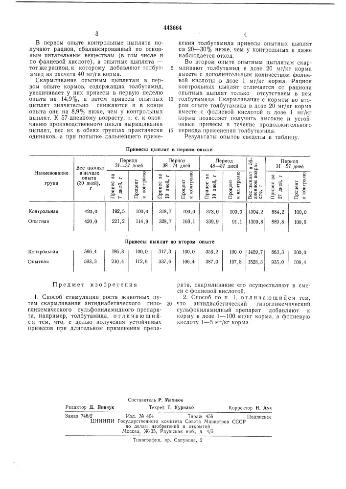 Способ стимуляции роста животных (патент 443664)