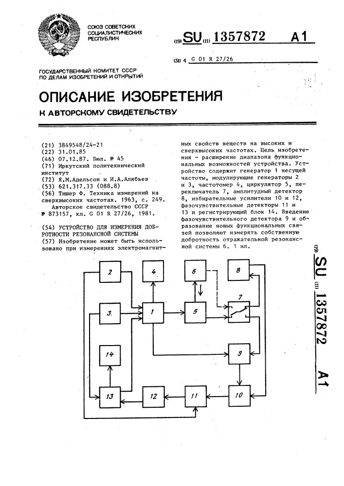 Устройство для измерения добротности резонансной системы (патент 1357872)