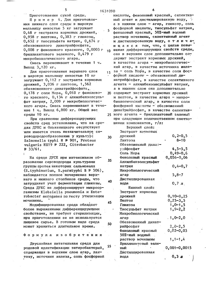 Двуслойная питательная среда для родовой идентификации энтеробактерий (патент 1631090)